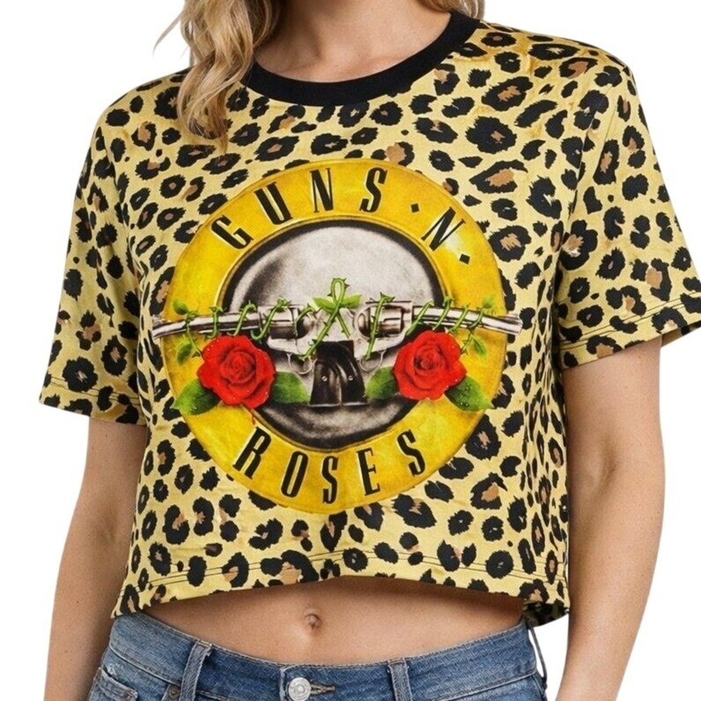 *NWT* Amplified Guns‎ N Roses T-Shirt Womens Medium Yellow Leopard Crop Top